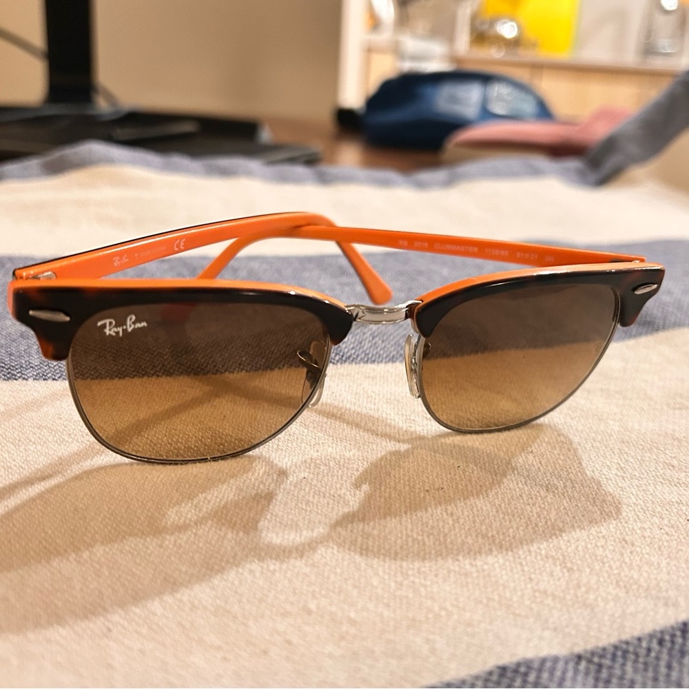 Ray-Ban Clubmaster Sunglasses — Brown Frames with Orange Temple Tips - Picture 2 of 5